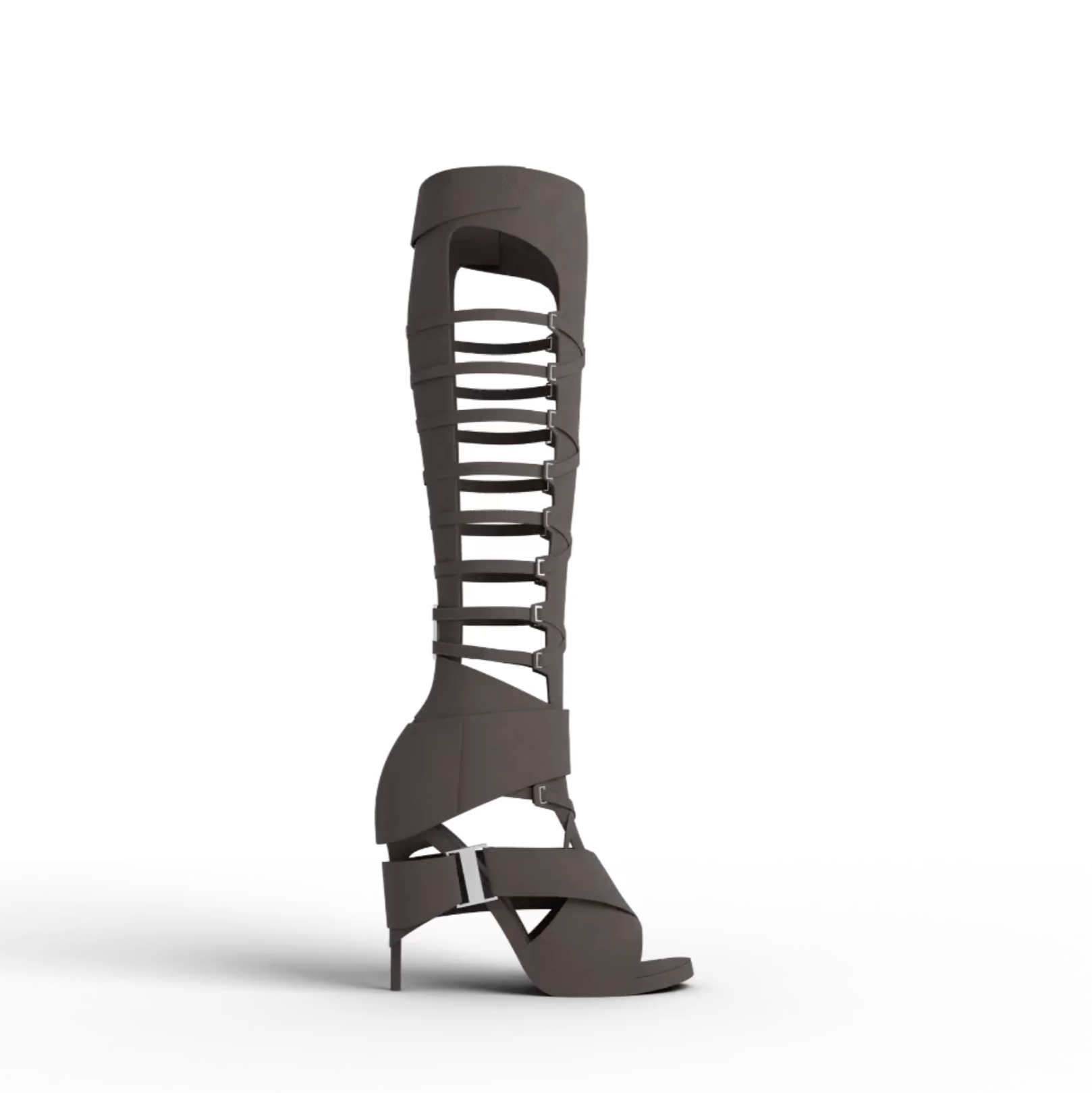 Knee high suede boots with lace-up straps and a flat sole.